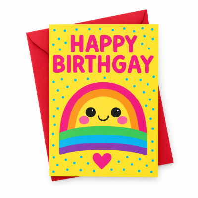 Kartka pocztowa, pocztówka Happy Birthgay, uśmiechnięta tęcza PRIDE